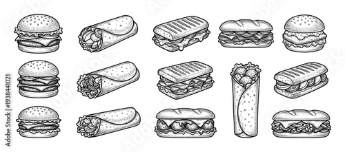 Set of hand-drawn fast food illustrations including burgers, burritos, panini, and submarine sandwiches in a detailed black and white vintage engraving sketch style