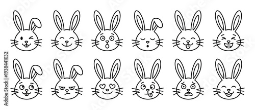 Collection of cute cartoon rabbit faces showing various emotions in a simple black and white line art style, perfect for expressing different feelings in a fun and adorable way