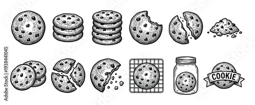 Chocolate chip cookie illustration set in a vintage black and white engraving style, showing whole, stacked, bitten, broken, and crumbled biscuits with a jar and cooling rack