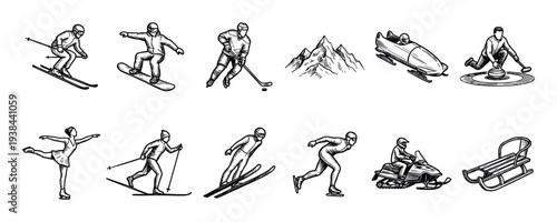 Hand-drawn winter sports and recreation icons set showing various activities like skiing, snowboarding, hockey, skating, and bobsledding in a detailed black and white sketch style