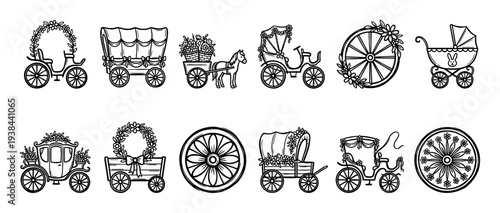 Set of hand-drawn vintage carriage illustrations featuring various carts, wagons, and a baby pram decorated with flowers and wreaths in a charming black and white line art style