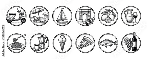 Set of vintage black and white icons depicting Mediterranean travel and food symbols like a scooter, pizza, pasta, wine, and sailboat in a detailed hand-drawn engraving style