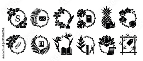 Collection of black silhouette tropical stationery icons featuring flowers, leaves, and office supplies in decorative frames for logos, emblems, or graphic design elements