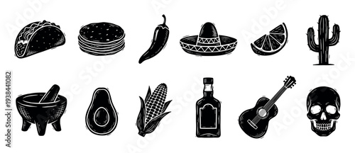 Set of hand-drawn black and white icons featuring traditional food and cultural symbols like a taco, chili pepper, sombrero, cactus, guitar, and skull in a graphic linocut style