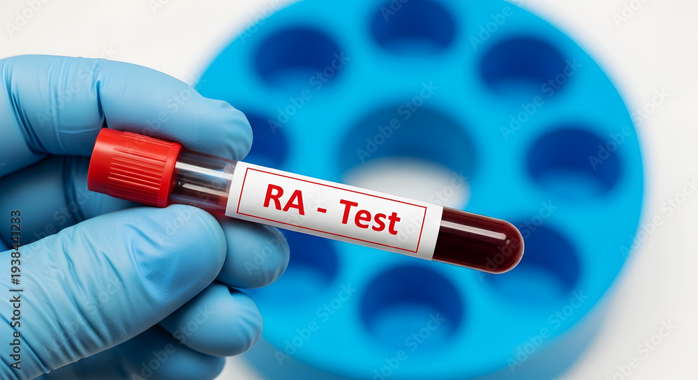 Obraz premium Hand in blue glove holds blood sample test tube labeled R A Test image