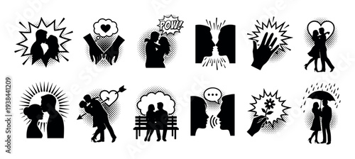 Set of black romantic couple icons shows various relationship moments in a pop art comic book style with halftone patterns, including silhouettes kissing, hugging, and dancing