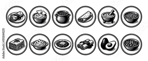 Set of Mexican food icons illustrated in a vintage black and white engraving style, featuring burritos, guacamole, enchiladas, and beans in circular frames for a classic menu design