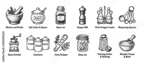 Collection of vintage kitchen tools and cooking utensils drawn in a detailed black and white engraving style, featuring a mortar, pestle, spice jars, grater, and canisters