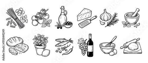 Collection of hand-drawn food illustrations featuring pasta, tomatoes, olive oil, cheese, garlic, bread, wine, and other culinary ingredients in a vintage black and white sketch style