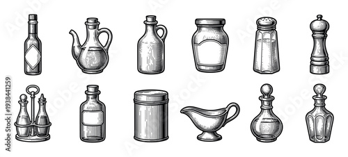 Set of twelve condiment containers including bottles, jars, shakers, a pepper mill, and a gravy boat, all illustrated in a detailed black and white vintage engraving style