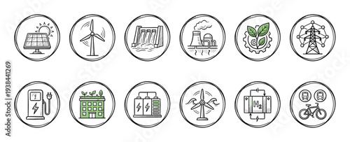 Set of hand-drawn green energy icons showing renewable power sources like solar, wind, and hydro, illustrating sustainable technology and environmental conservation in a doodle style
