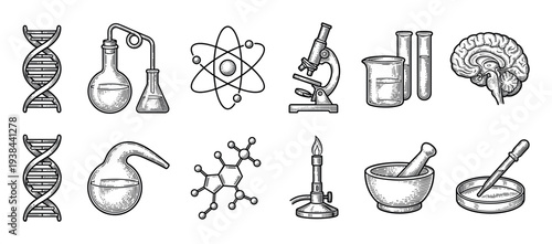 Large set of vintage scientific icons including a DNA helix, microscope, atom, brain, and laboratory equipment in a detailed black and white engraving illustration style