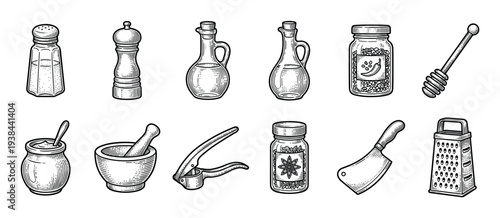 Large set of kitchen utensils and spice containers including a salt shaker, pepper mill, oil bottle, mortar, pestle, grater, and cleaver, drawn in a vintage engraved sketch style