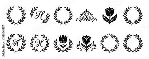 Collection of black laurel wreath icons, floral monograms, elegant tulip silhouettes, and ornate dividers for creating classic award emblems or decorative wedding frames