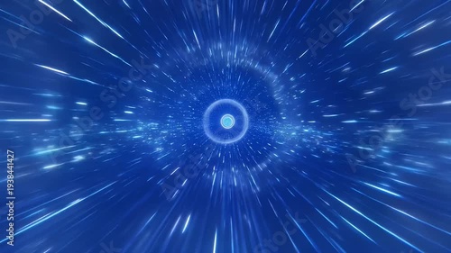 Abstract Blue Light Tunnel with Light Streaks and Central Glowing Orb