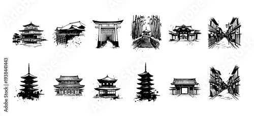 Collection of black ink sketch illustrations of traditional Japanese architecture, including pagodas, temples, torii gates, and street scenes in a dynamic, hand-drawn style