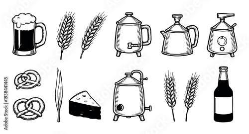 Set of hand-drawn beer brewing icons with a mug, wheat, pretzels, cheese, bottle, and brewery equipment in a black and white vintage sketch style illustration