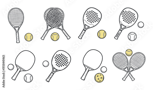 Hand-drawn collection of racket sport equipment including tennis, padel, pickleball, and table tennis rackets and balls, illustrated in a simple doodle style with yellow accents