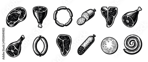 Collection of various meat products including steak, sausage, ham, and salami, all hand-drawn in a detailed black and white vintage woodcut or engraving illustration style