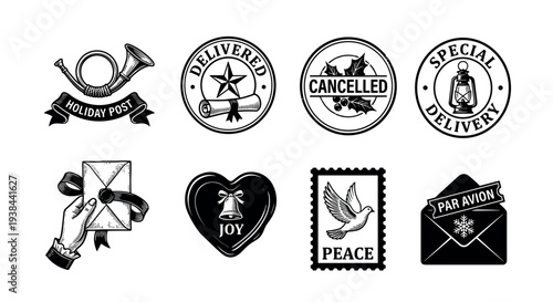 Set of black and white vintage holiday postal icons and stamps featuring a post horn, delivery seals, a letter, a dove of peace, and a bell of joy for festive mail