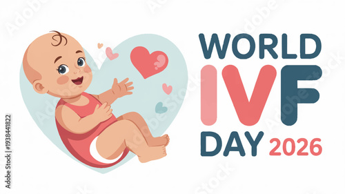 Cute baby illustration with heart for world ivf day 2026 vector graphic with pink and blue colors