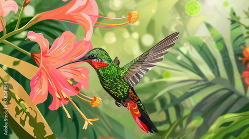 Hummingbird feeding on flower in tropical environment illustration design