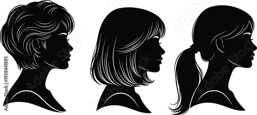 Female hairstyle silhouette vector illustration with short layered cut, bob with bangs, ponytail design, fashion beauty artwork concept for salon, styling, character design