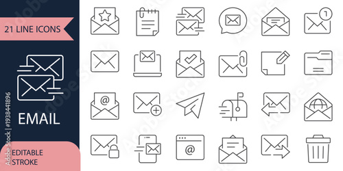 Minimalist line email icon set with editable stroke featuring inbox, message, envelope, notification, mailing, and interface symbols. Contact line editable icon set. Envelope icons