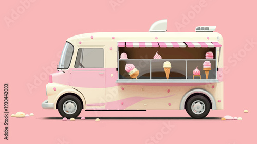 Ice cream truck illustration on a soft pink background offering various treats