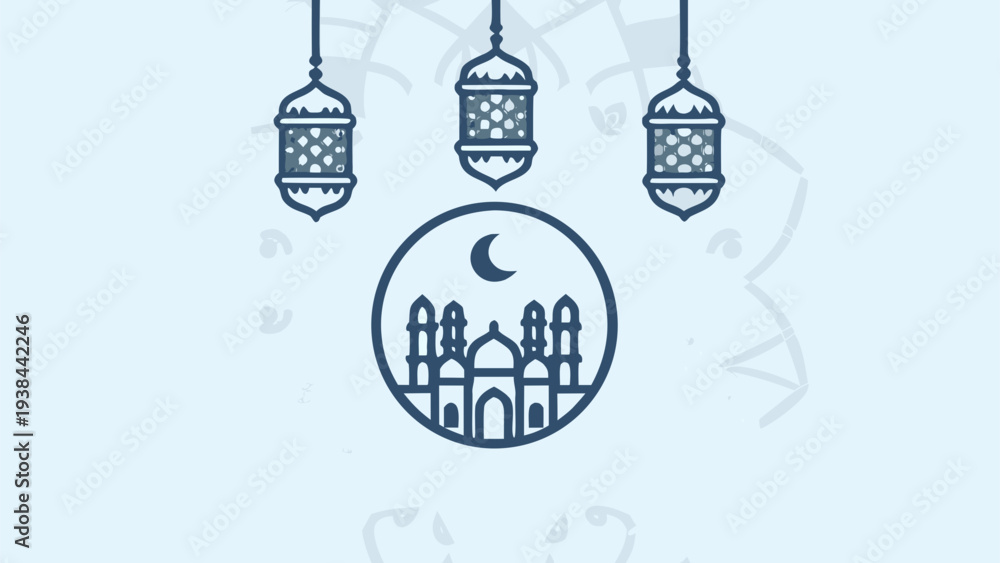Fototapeta premium Illustrated cityscape under three hanging lanterns with a crescent moon