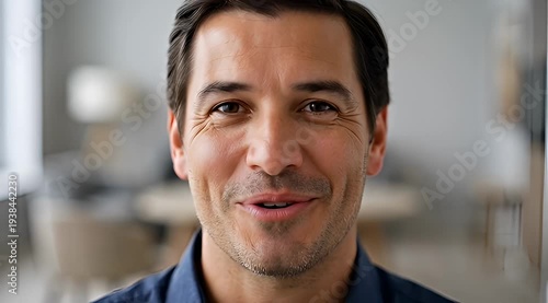 Close up portrait of smiling darkhaired man with stubble and wrinkles