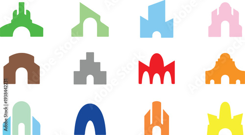 Colorful castle tower silhouettes in various shapes and hues on white background