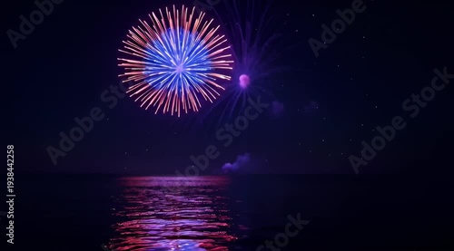 Nighttime Celebration with Vibrant Fireworks Reflecting on the Water's Surface