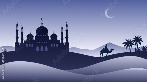 Silhouetted mosque with minarets against a moonlit night sky