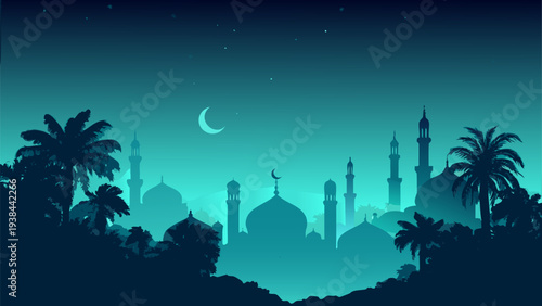 Silhouettes of palm trees and mosque minarets under a crescent moon at night