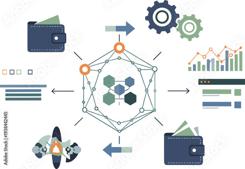 Blockchain Technology Network System with Cryptocurrency Wallet Data Analytics Automation and Decentralized Digital Finance Concept Illustration