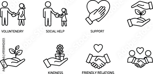 Premium Icons Pack on Human Care and Charity. Such Line Signs as Volunteering and Social Help, Support Kindness and Friendly Relations.