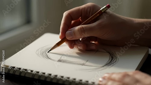 Hand drawing a face sketch with a pencil on a drawing pad