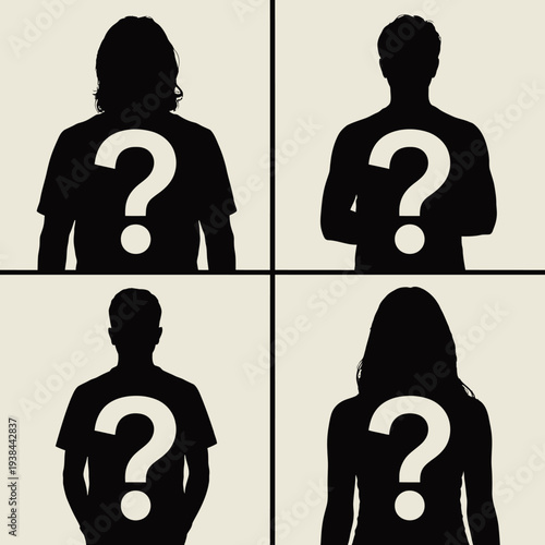 Four anonymous people with question marks on their shirts