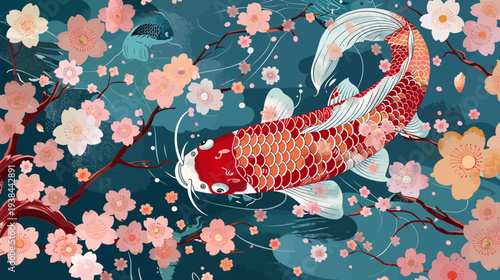 Vibrant koi fish swimming among cherry blossoms vector illustration