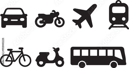 Transport icon set, vehicle icons containing car, bike, plane, train, bicycle, motorbike, bus vector silhouette 