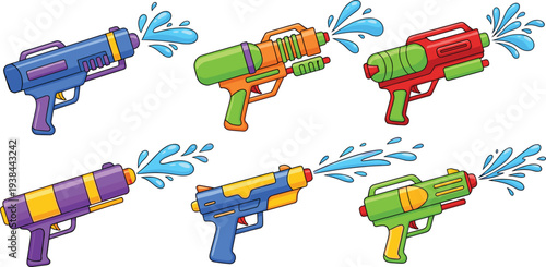 Colorful Toy Water Gun and Blaster Set Featuring Mid-Splash Water Droplets