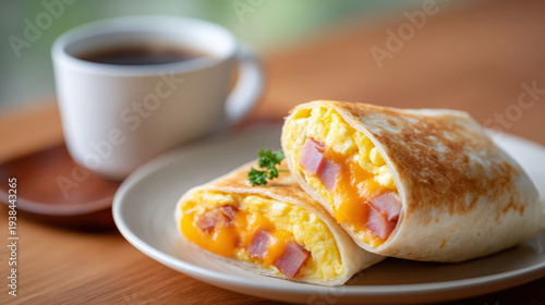 Scrambled egg and cheese breakfast burrito with ham on plate beside coffee, warm savory morning meal with parsley garnish