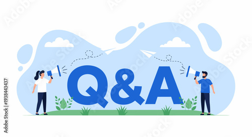 People engaging in a Q&A session with large question and answer symbols illustrated in a lively graphic scene
