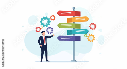 Man in suit pointing at directional signs with cogwheels surrounding the post from various viewpoints