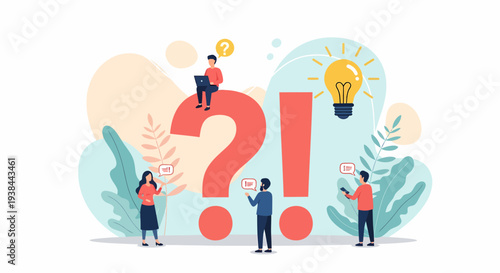 People gathered around a large question mark with a lightbulb, symbolizing inquiry and idea generation in a collaborative environment from a frontal viewpoint