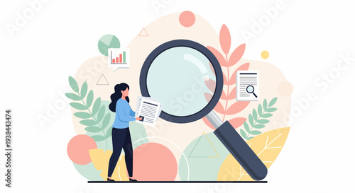 Woman analyzing data through magnifying glass surrounded by graphic elements and foliage