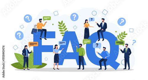 Diverse professionals interacting with oversized FAQ text surrounded by question marks and digital devices in a modern collaborative environment from a straightforward viewpoint