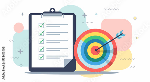 A checklist on a clipboard with a target and arrow in a graphic illustration representing goal setting and achievement