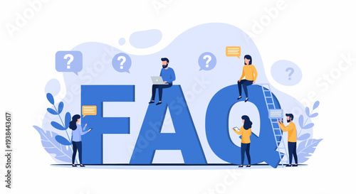 People discussing and searching for answers around large FAQ letters in an illustrative scene